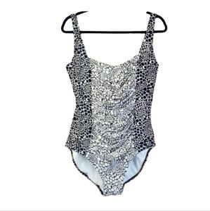 Calvin Klein One Piece Square Neck Ruched Black/White Abstract Swimsuit Size 18